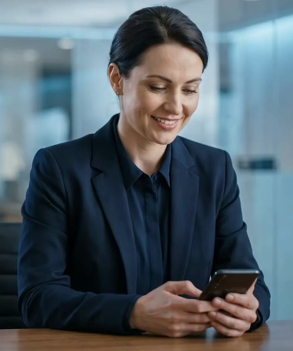 Financial adviser using a phone in a modern office