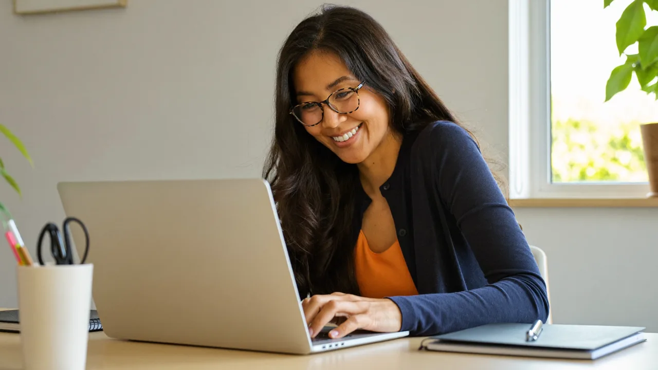 A smiling government records officer working at a laptop