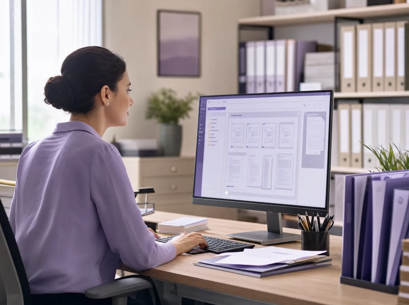 A records officer reviewing organized digital documents at a desk