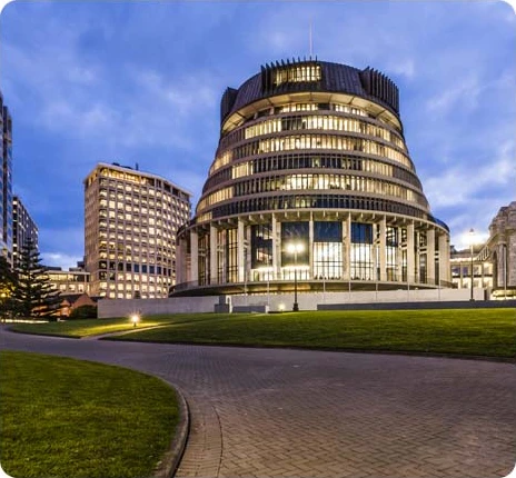 The Beehive, New Zealand’s Parliament building in Wellington, at dusk