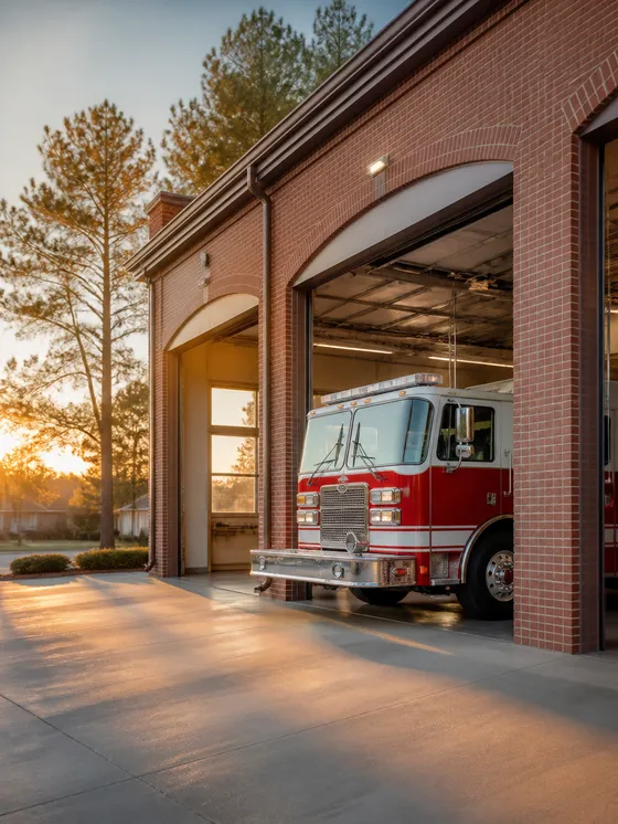 A fire engine in a city fire station