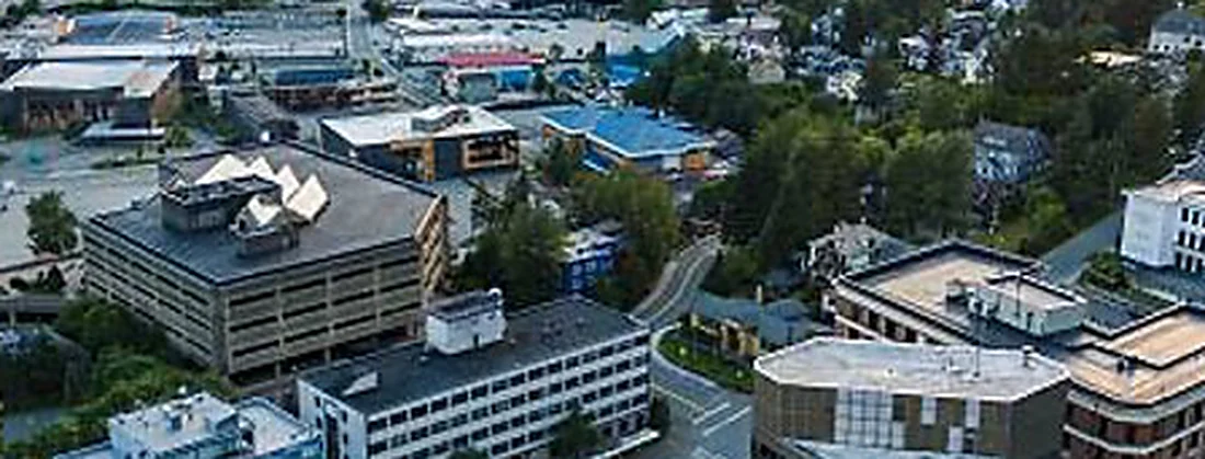 Juneau on the Gastineau Channel below a forested mountainside