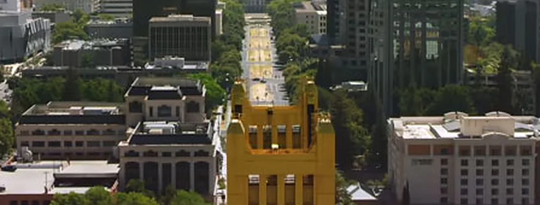 The Tower Bridge and Capitol Mall leading to the California State Capitol in Sacramento