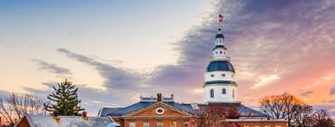 The wooden dome of the Maryland State House above the Annapolis rooftops