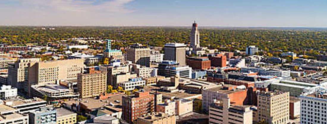 Downtown Lincoln with the tower of the Nebraska State Capitol