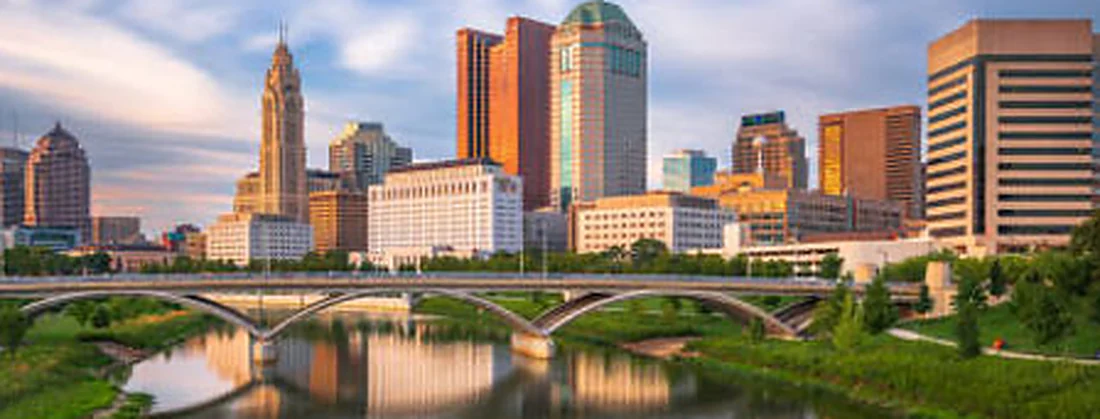 The Columbus skyline and LeVeque Tower across the Scioto River