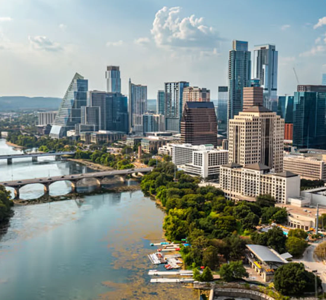 The Austin skyline and the Colorado River in Texas