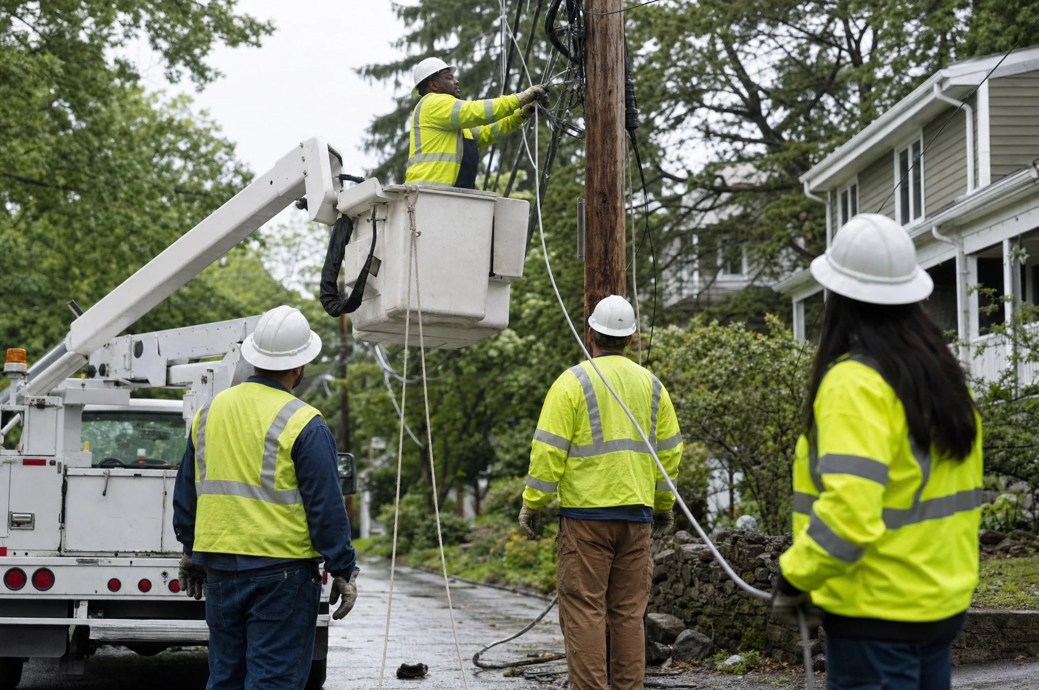 A utility crew restoring service from a bucket truck
